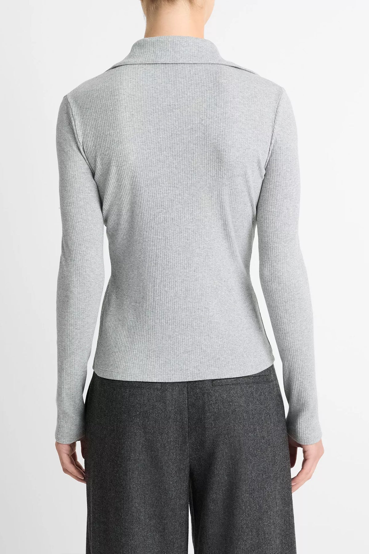 Ribbed Cotton Long - Sleeve Polo Shirt in Heather Mid Grey - shop - olivia.com