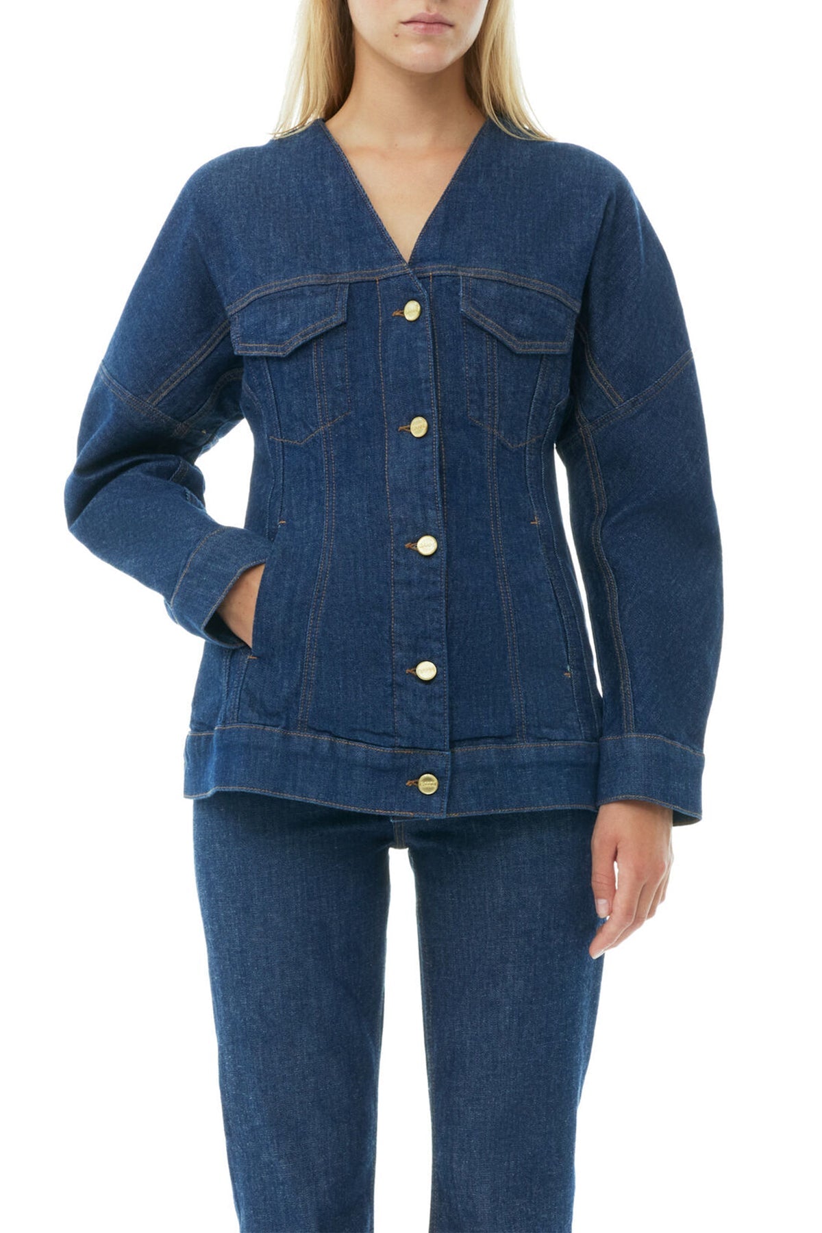 Rinse Stitch Denim Shaped Sleeve Blazer in Blue - shop-olivia.com