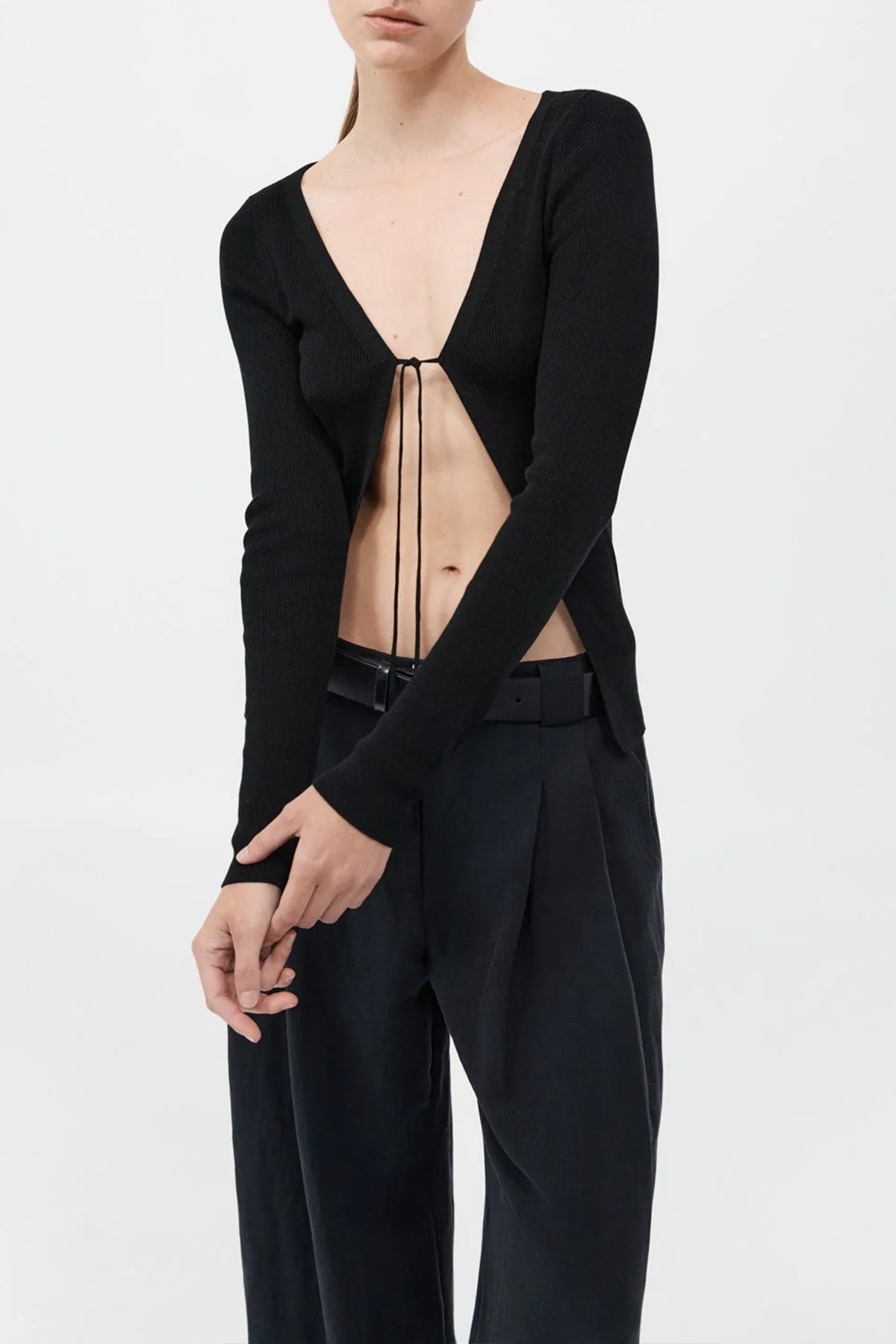 Rouleau Tie Reversible Knit Top in Black - shop - olivia.com