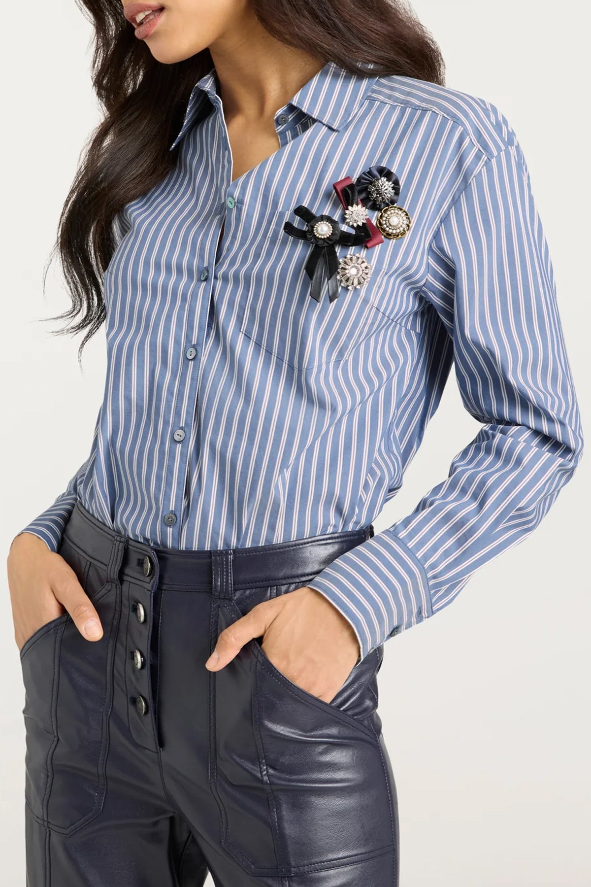 Sabrina Stripe Wren Shirt in Astro Blue - shop - olivia.com