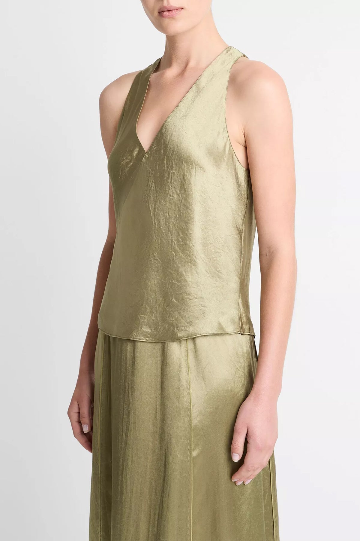 Satin Crossover V - Neck Tank in Earthly - shop - olivia.com