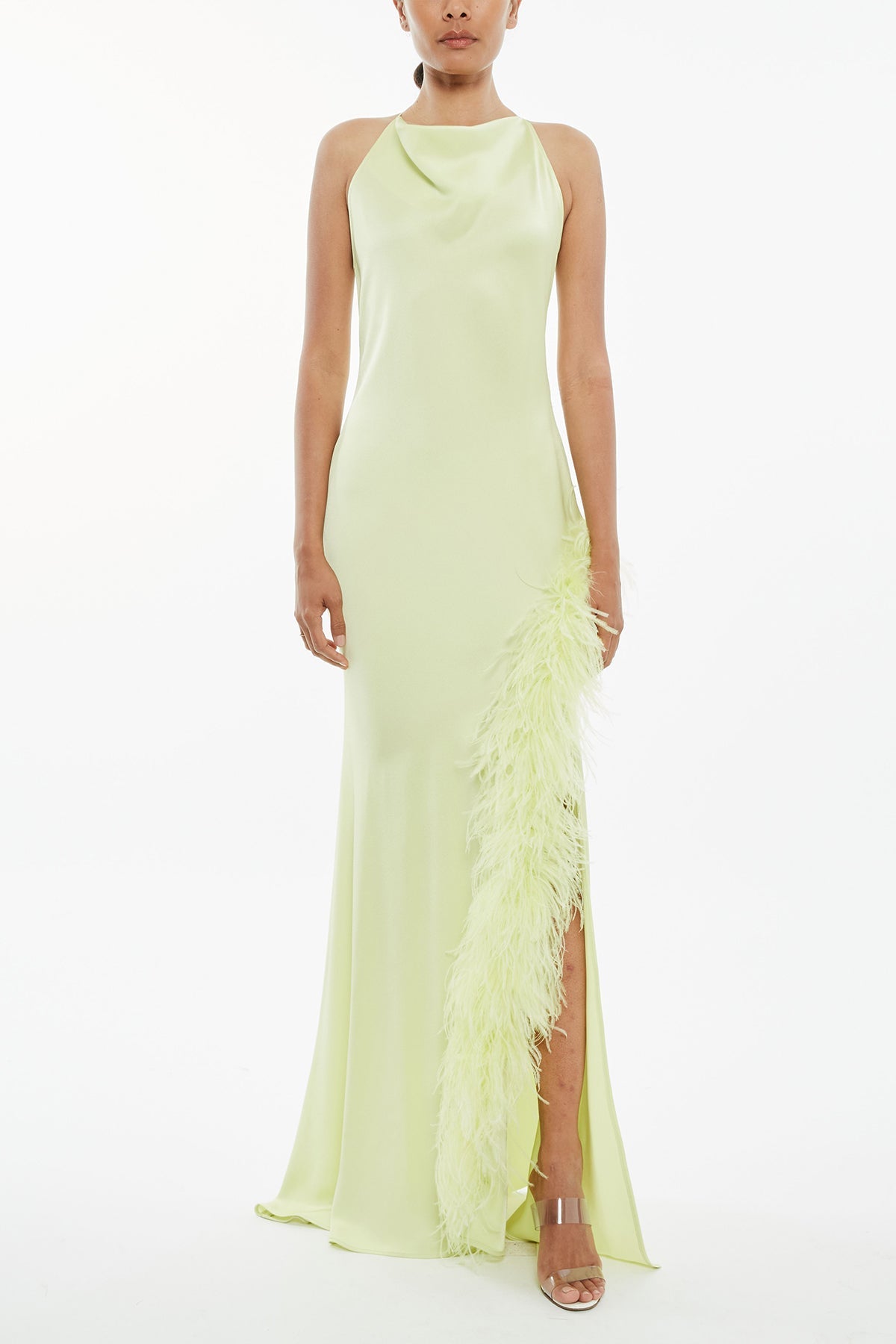 Satin Halter Gown with Feathers in Limon - shop-olivia.com