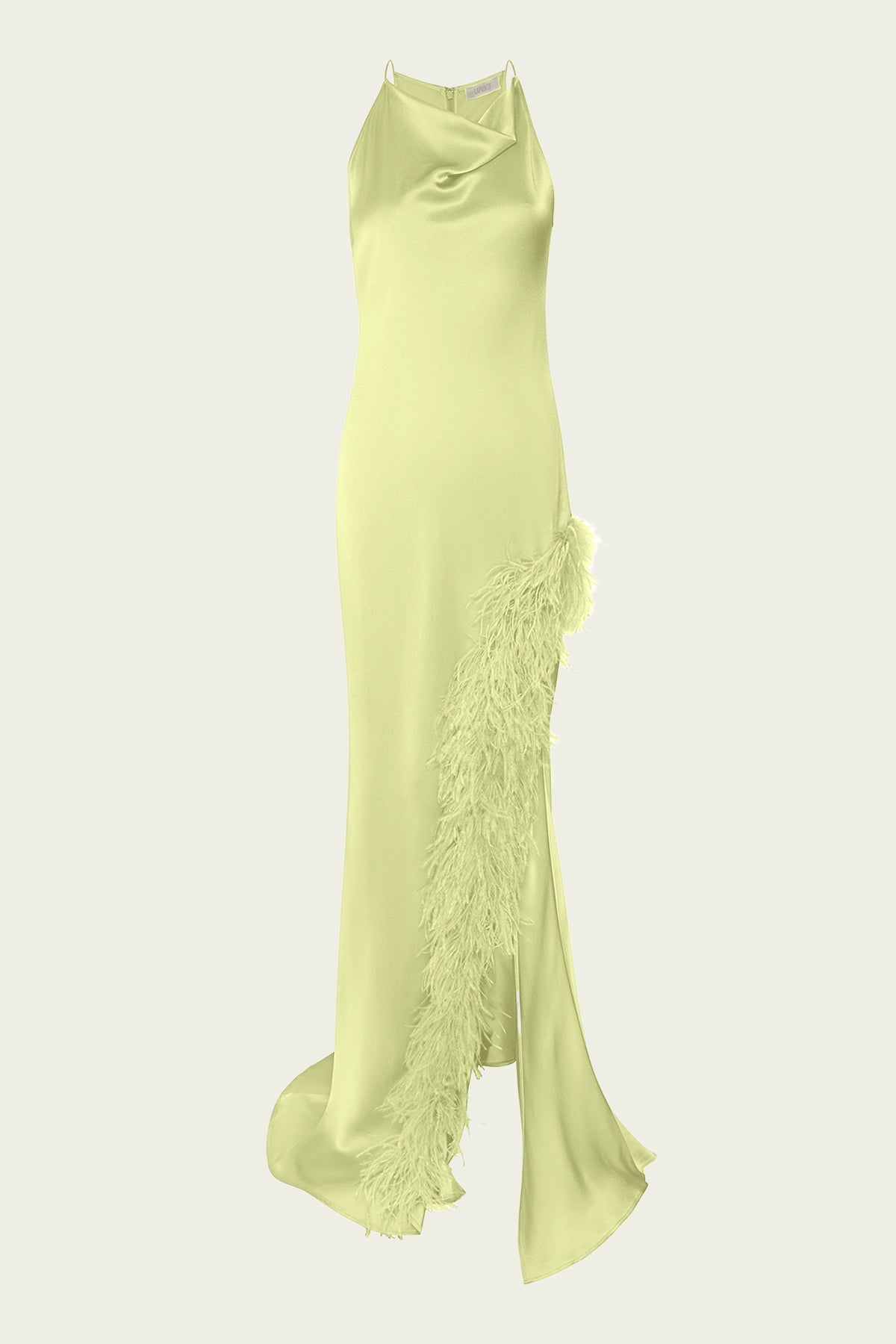 Satin Halter Gown with Feathers in Limon - shop-olivia.com