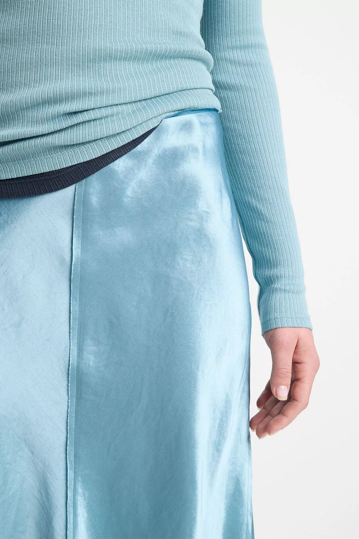 Satin Raw-Edge Paneled Slip Skirt in Jade Sea - shop-olivia.com