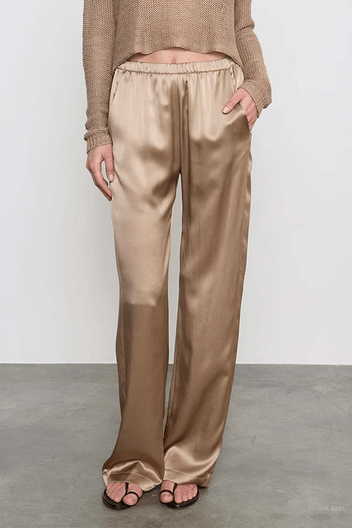 Satin Silk Everywhere Pant in Beige - shop - olivia.com