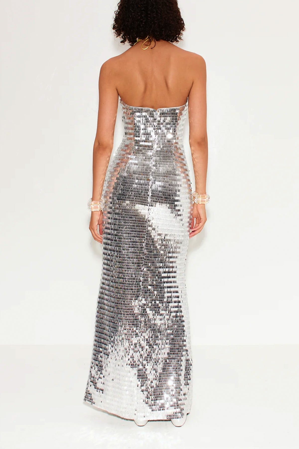 Sculpty Strapless Sequin Maxi Dress in Satellite Silver - shop - olivia.com