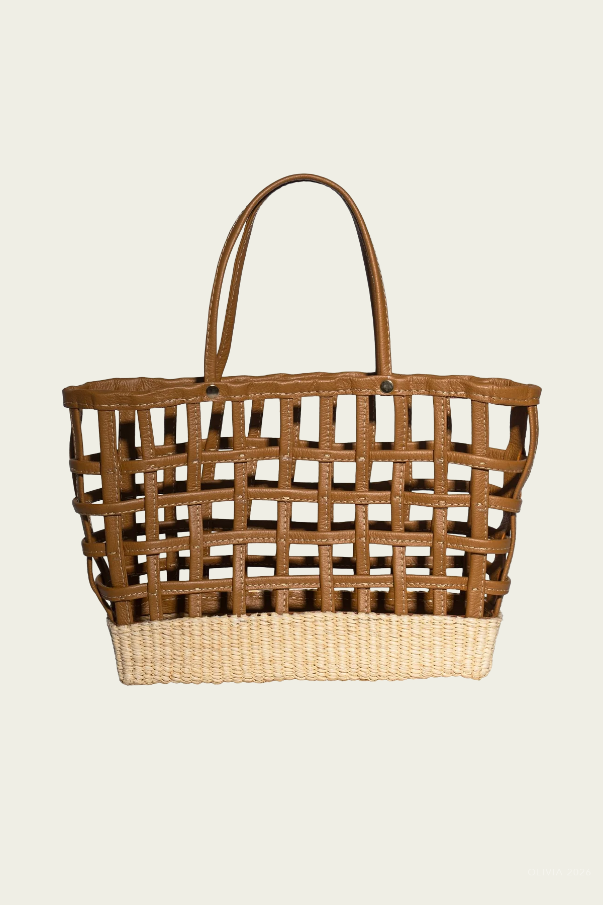 Leather Basket Tote with Natural Straw Base