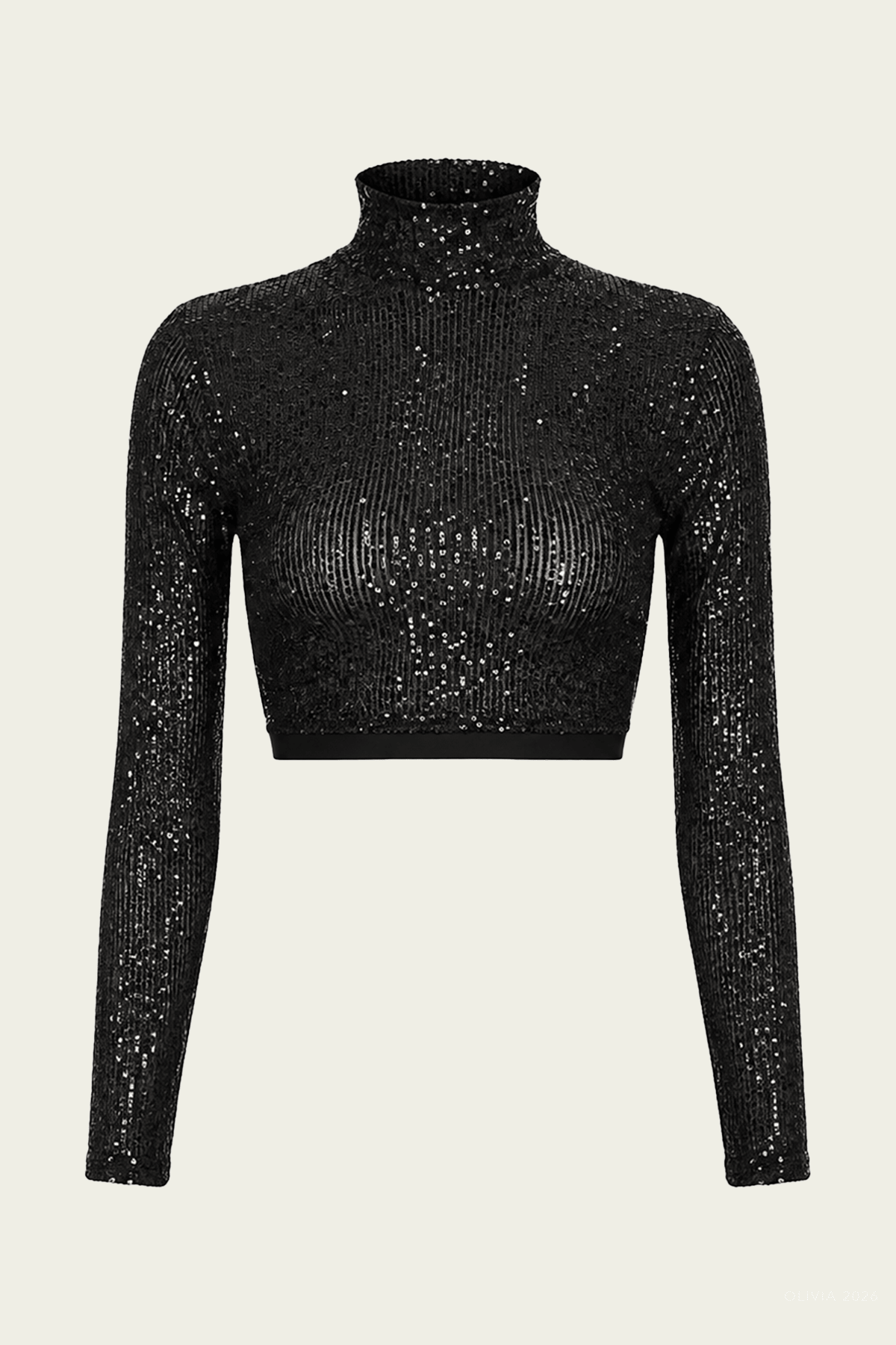 Sequin Cropped Long Sleeve Mock Neck in Black - shop-olivia.com