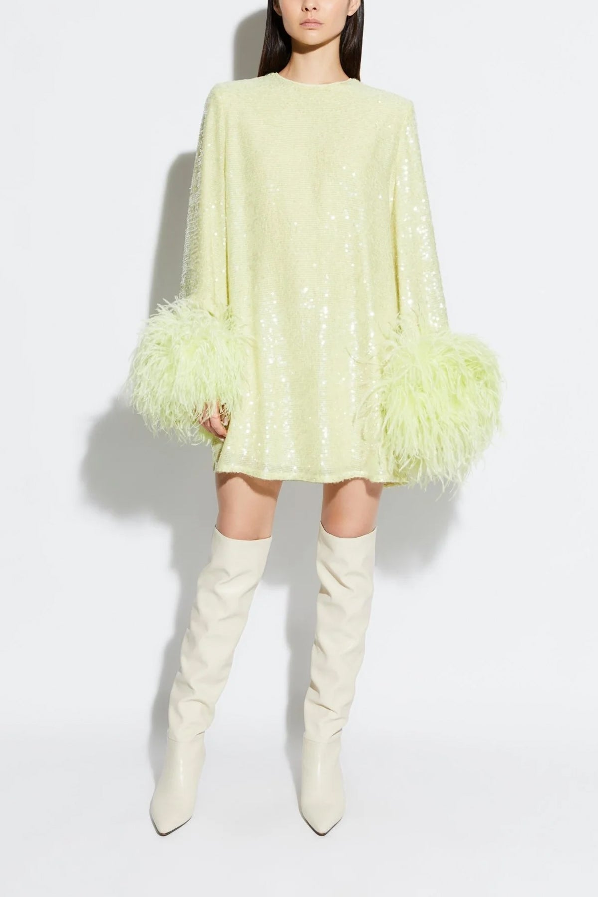 Sequin Dress with Feathers in Limon - shop-olivia.com