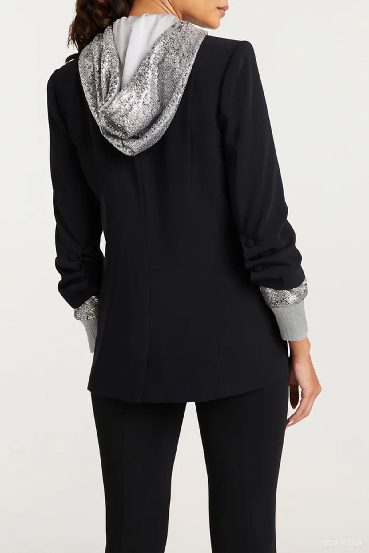 Sequin Hooded Khloe Jacket in Black Silver - shop - olivia.com