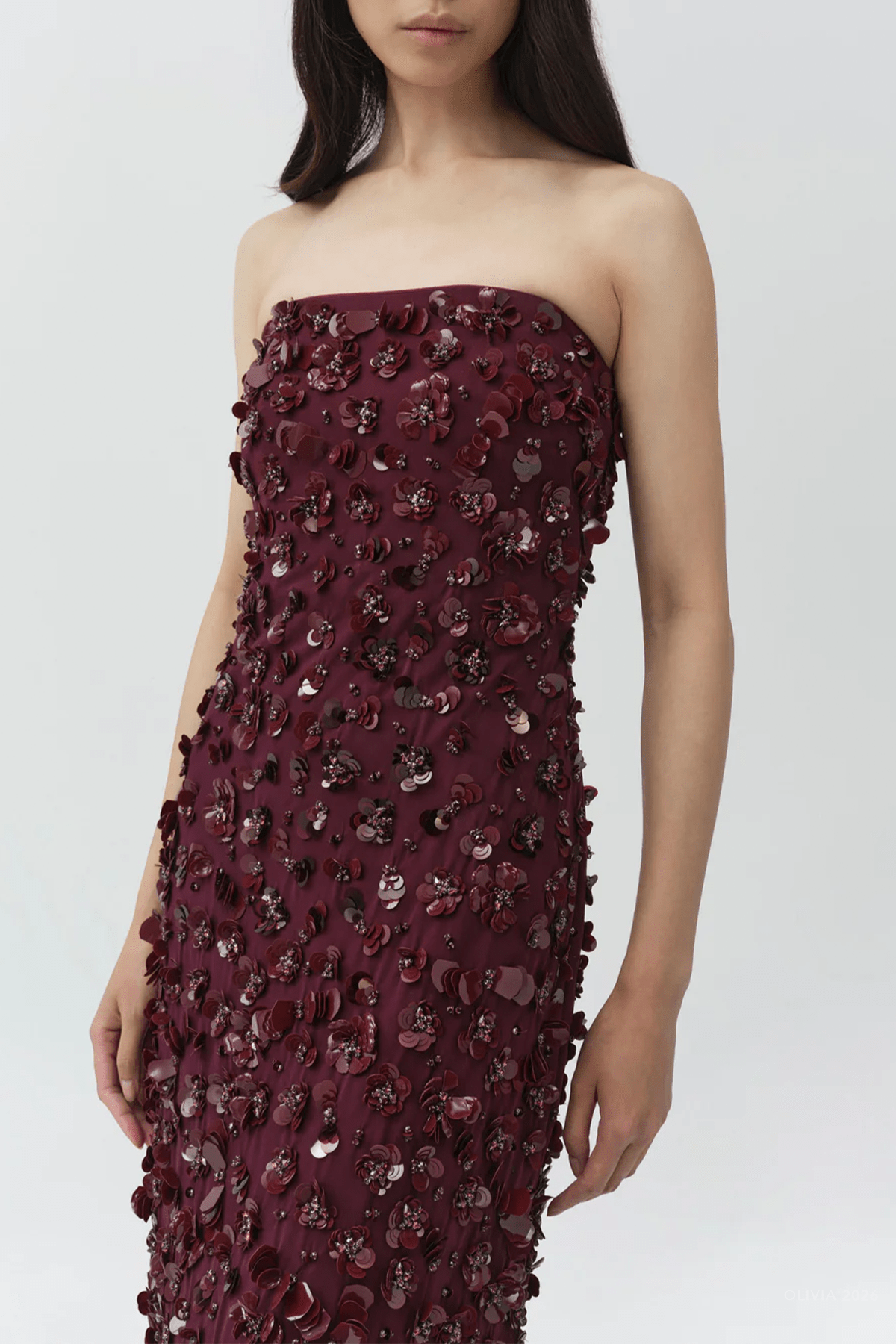 Serafina Strapless Embellished Gown in Fig - shop-olivia.com