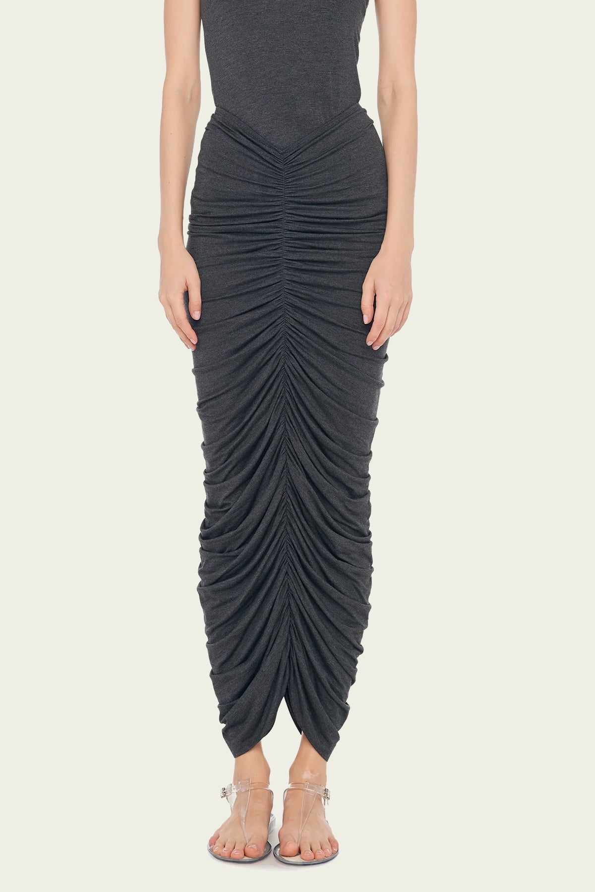 Shirred Long Skirt in Dark Grey - shop-olivia.com