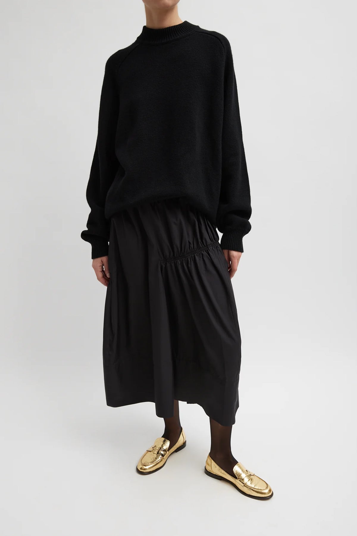 Shirred Nylon Paneled Skirt in Black - shop - olivia.com