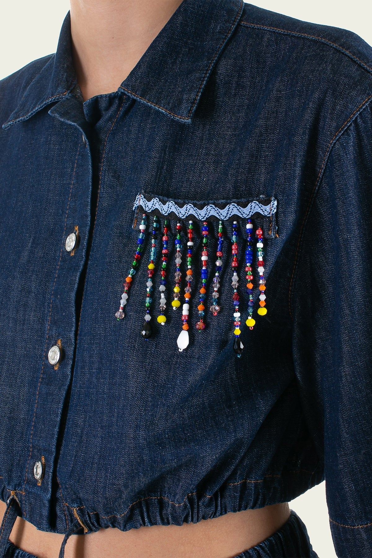 Short-Sleeve Beaded Crop Shirt in Blue Denim - shop-olivia.com