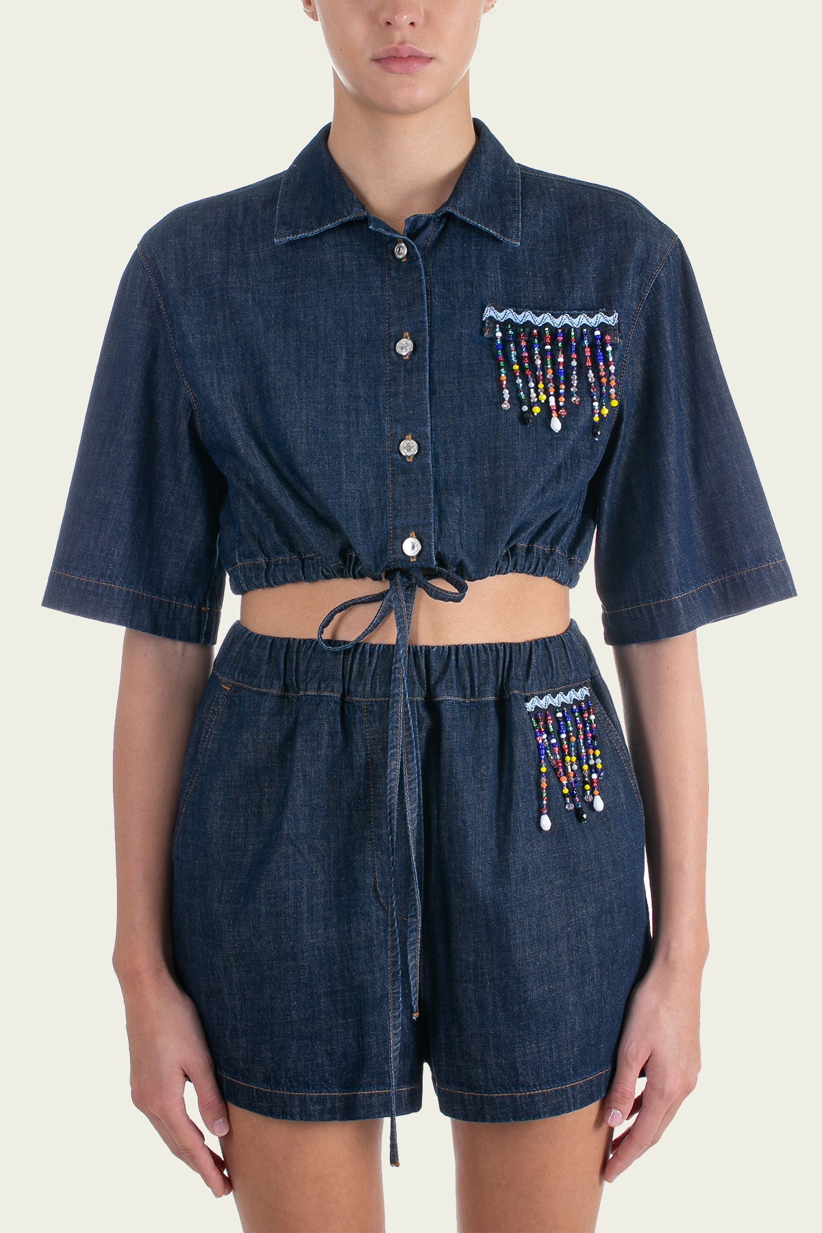 Short-Sleeve Beaded Crop Shirt in Blue Denim - shop-olivia.com