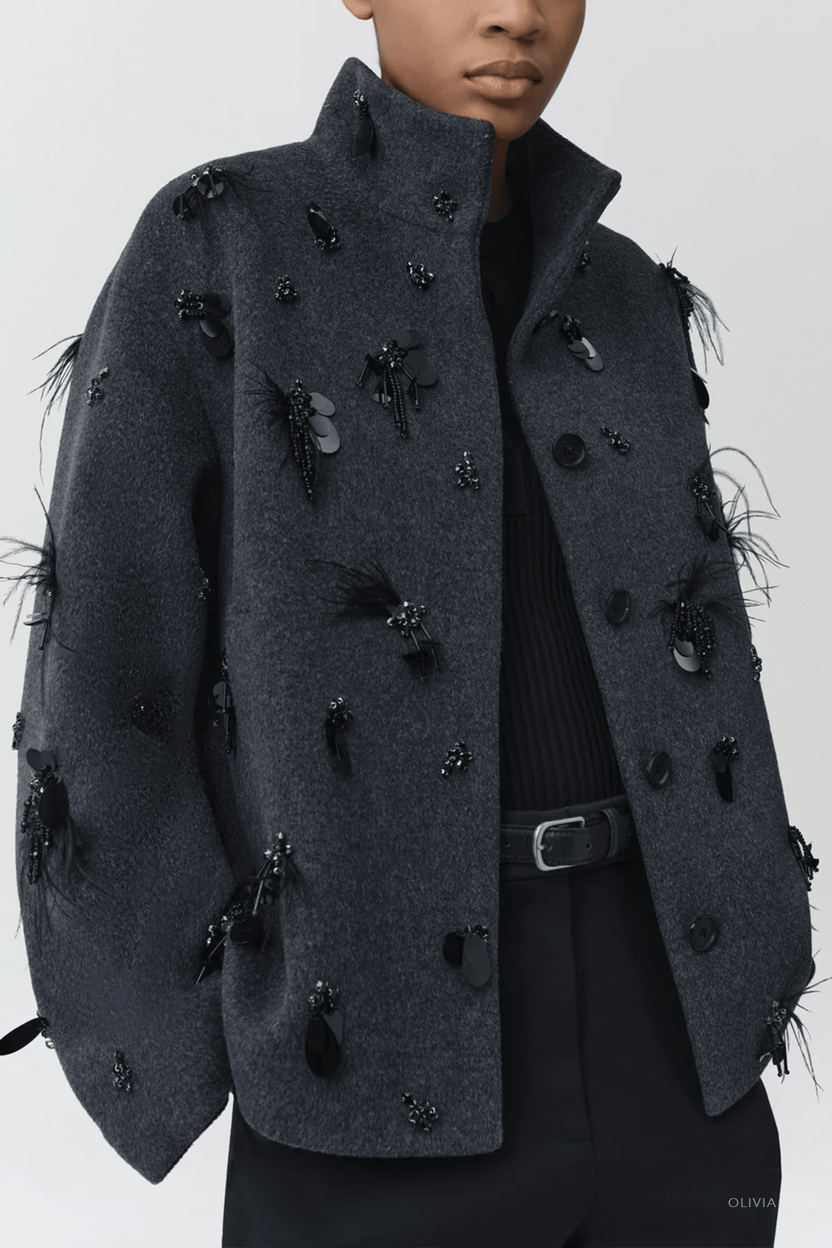 Siena Embellished Wool Jacket in Dark Charcoal - shop-olivia.com