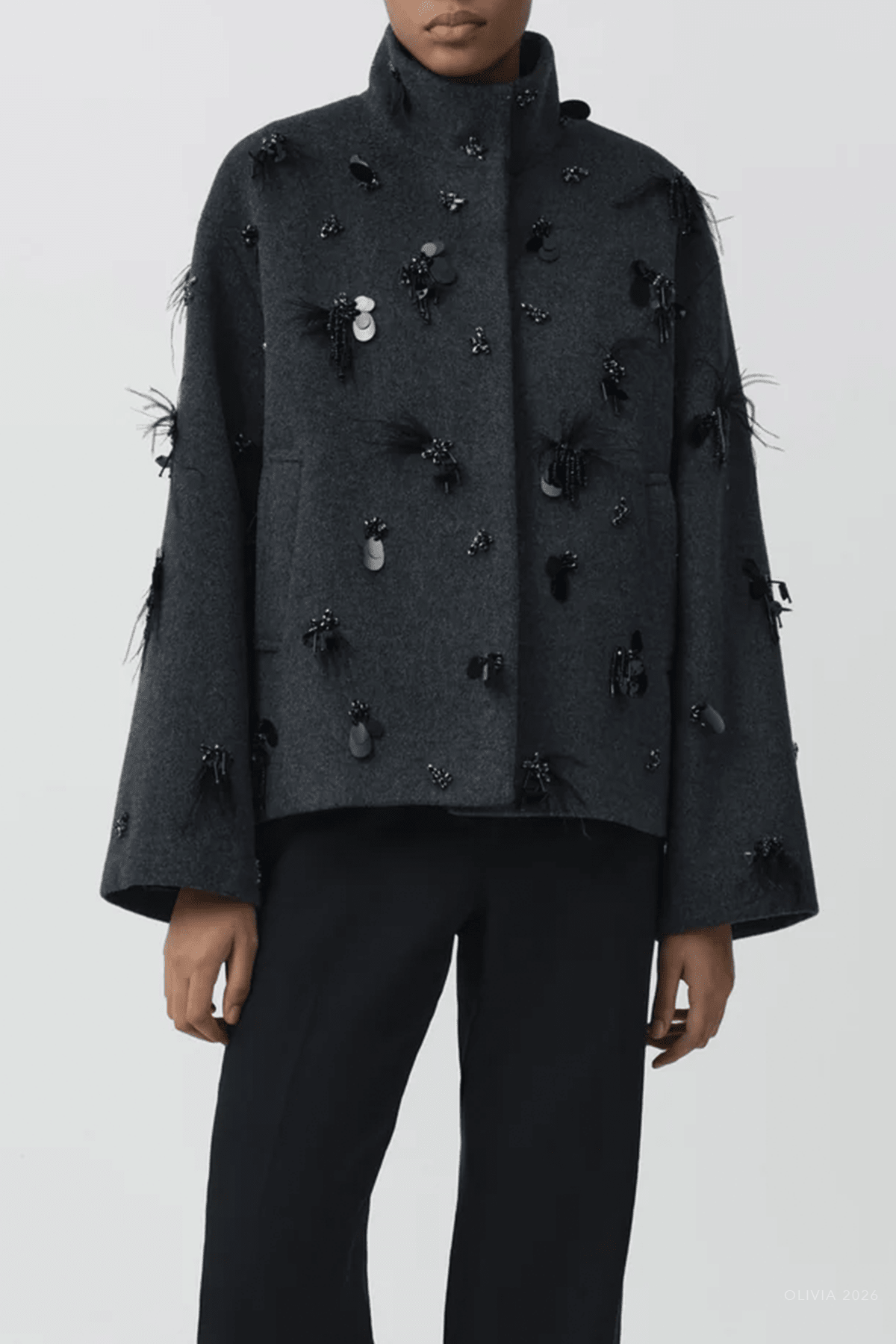Siena Embellished Wool Jacket in Dark Charcoal - shop-olivia.com