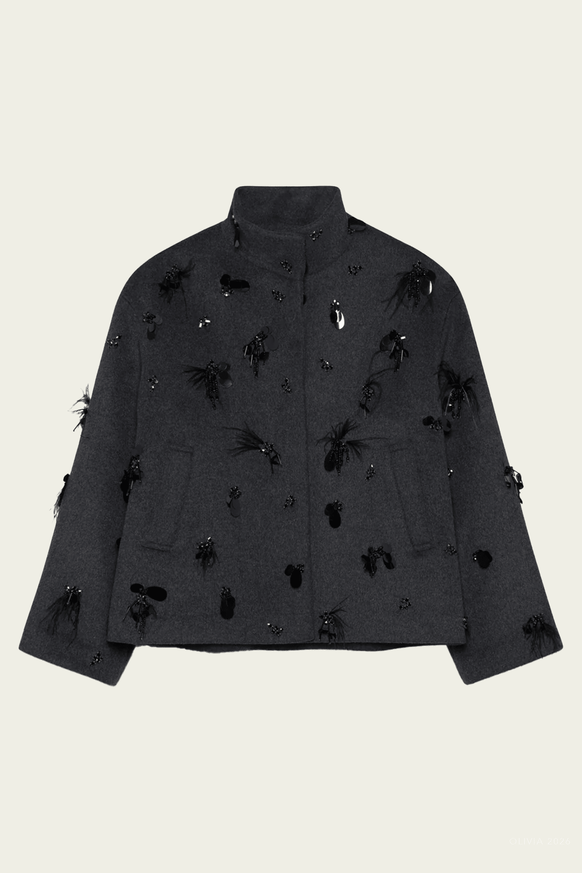 Siena Embellished Wool Jacket in Dark Charcoal - shop-olivia.com