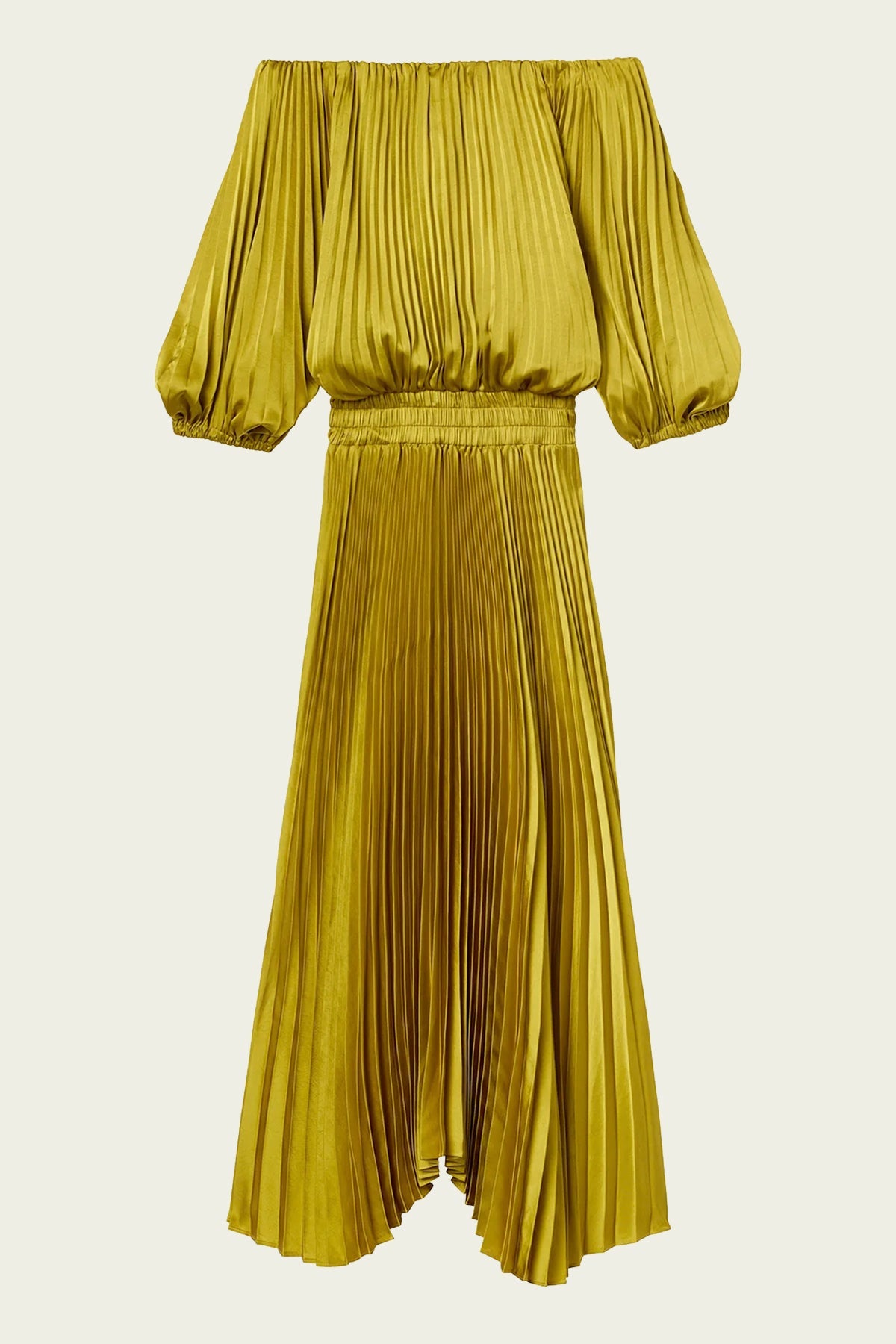 Sienna Satin Pleated Off Shoulder Dress in Cactus Bloom - shop-olivia.com
