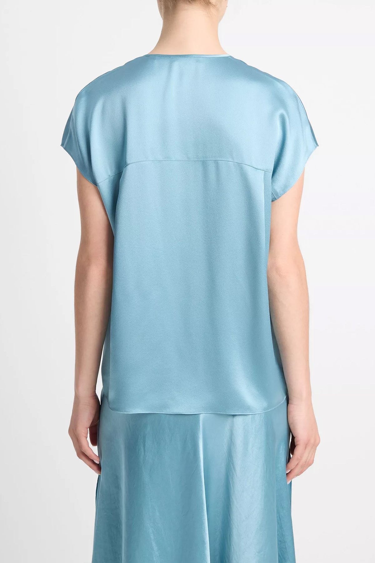 Silk Cap-Sleeve Half-Placket Blouse in Jade Sea - shop-olivia.com