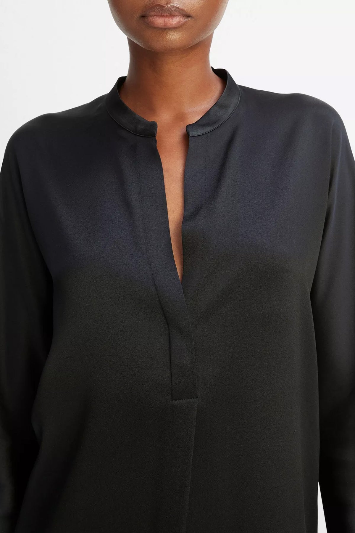 Silk Satin Band-Collar Blouse in Black - shop-olivia.com