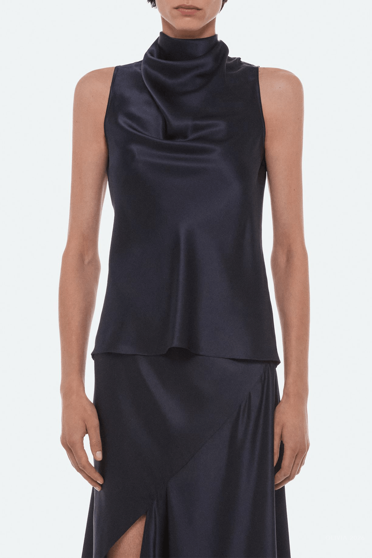 Silk Tie-Neck Top in Navy - shop-olivia.com