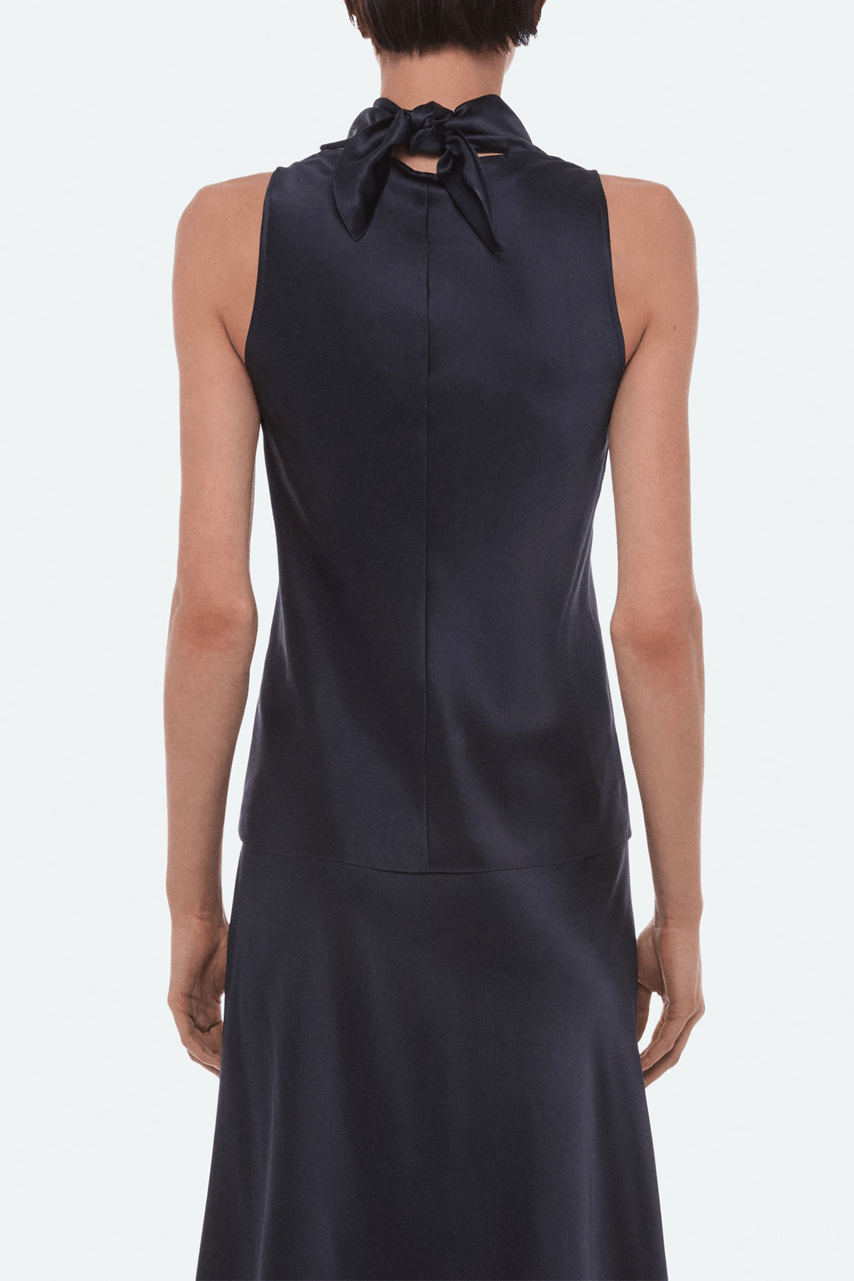 Silk Tie-Neck Top in Navy - shop-olivia.com