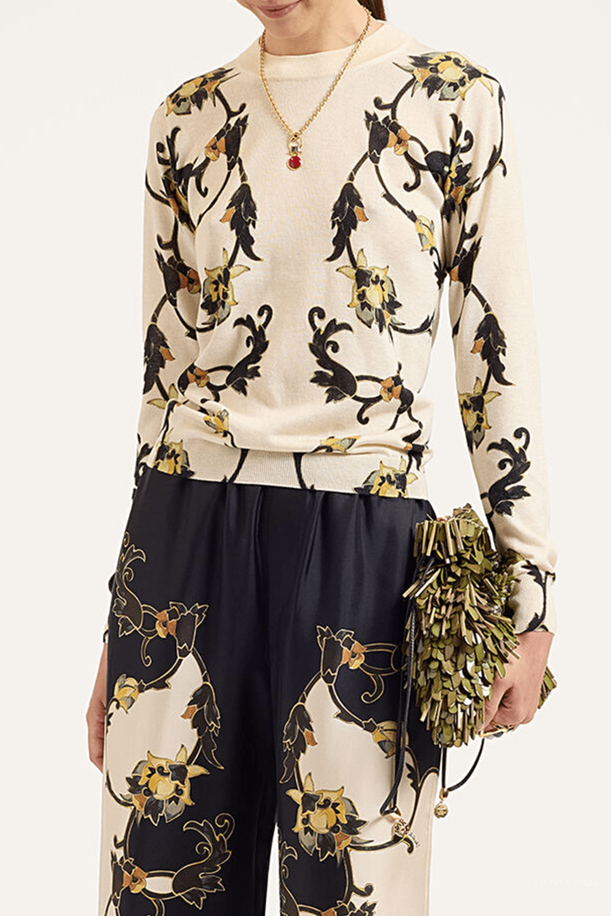 Silky Crew Neck in Buttercup Placée White - shop-olivia.com