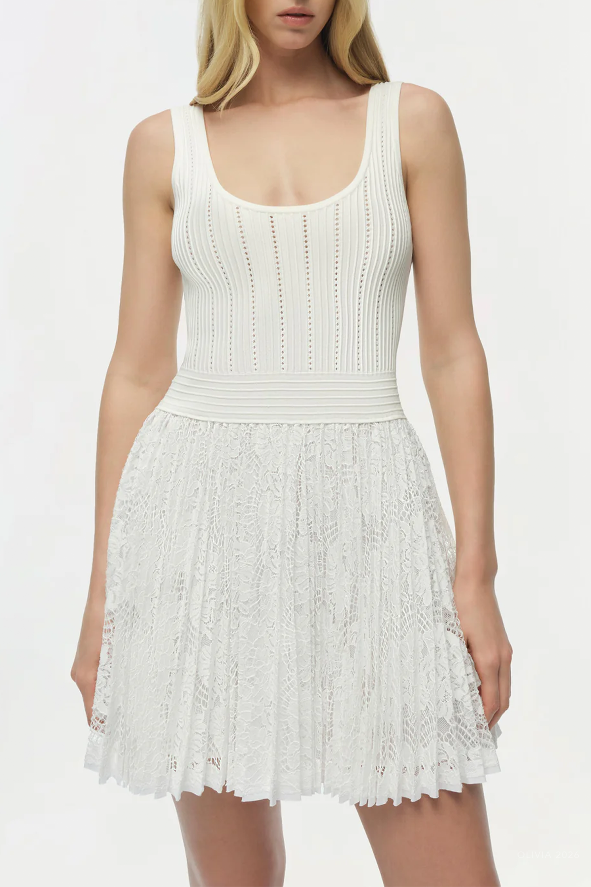 Ellis Knit Lace Mini Dress in Ivory