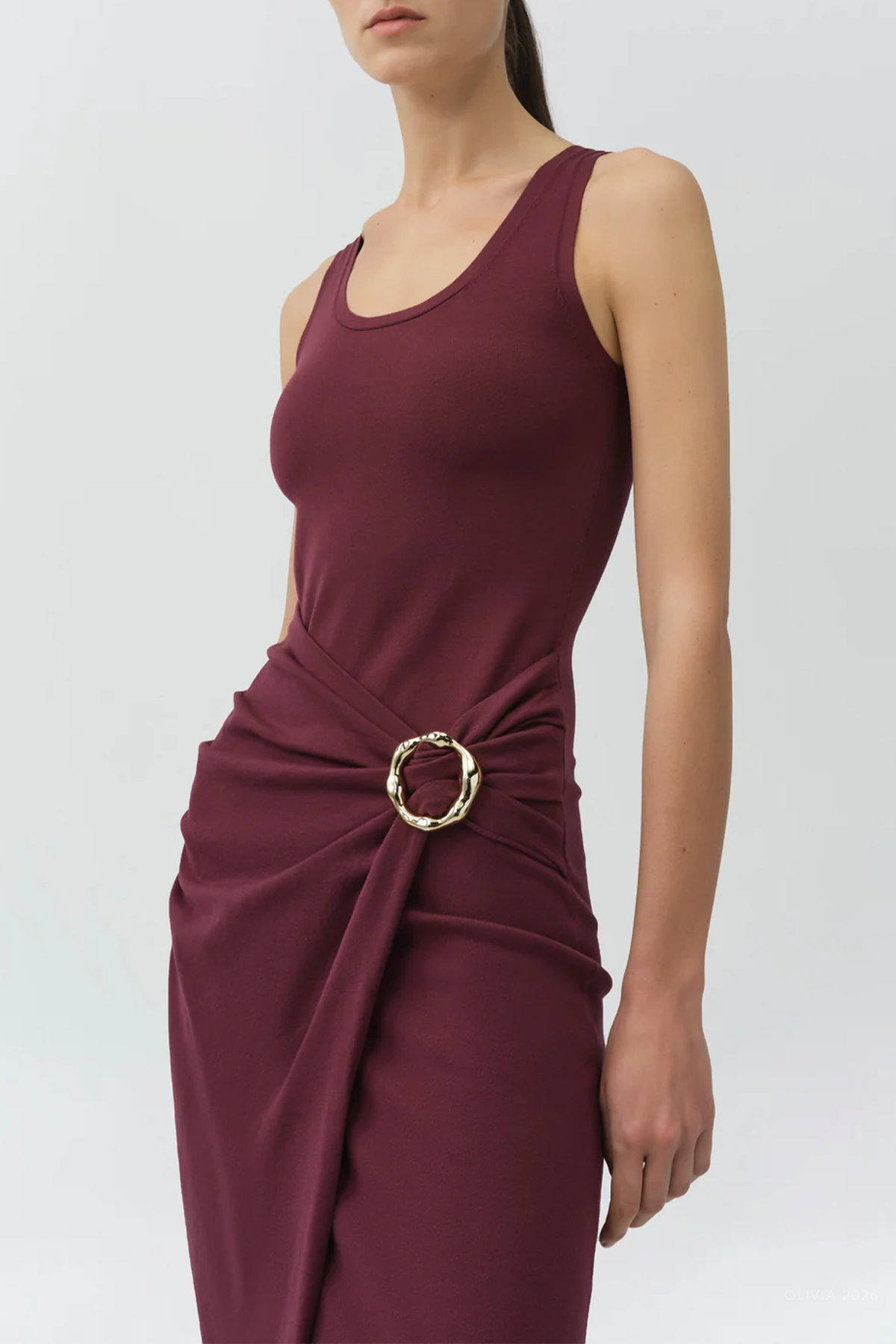 Genne Draped Knit Midi Dress in Fig