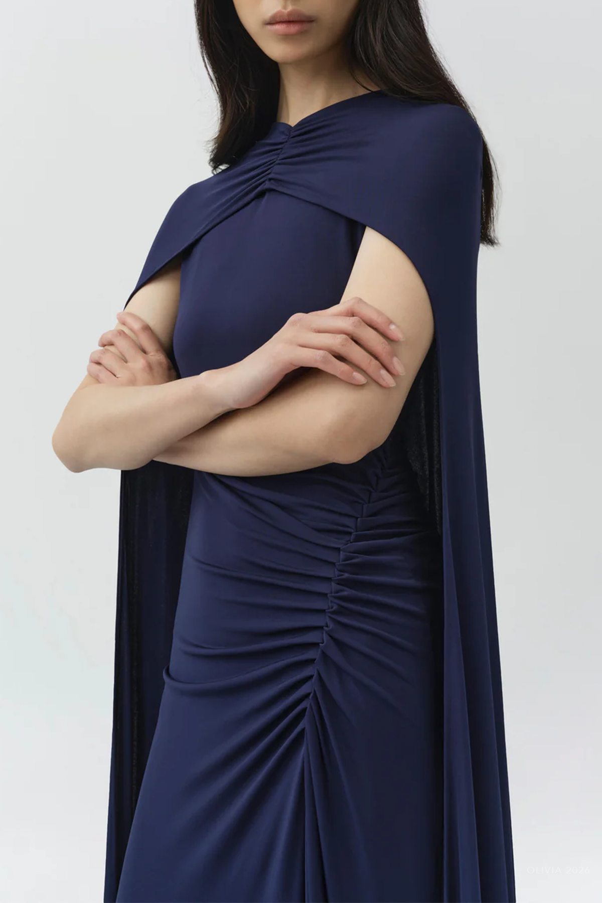 Demi Draped Jersey Cape Gown in Midnight