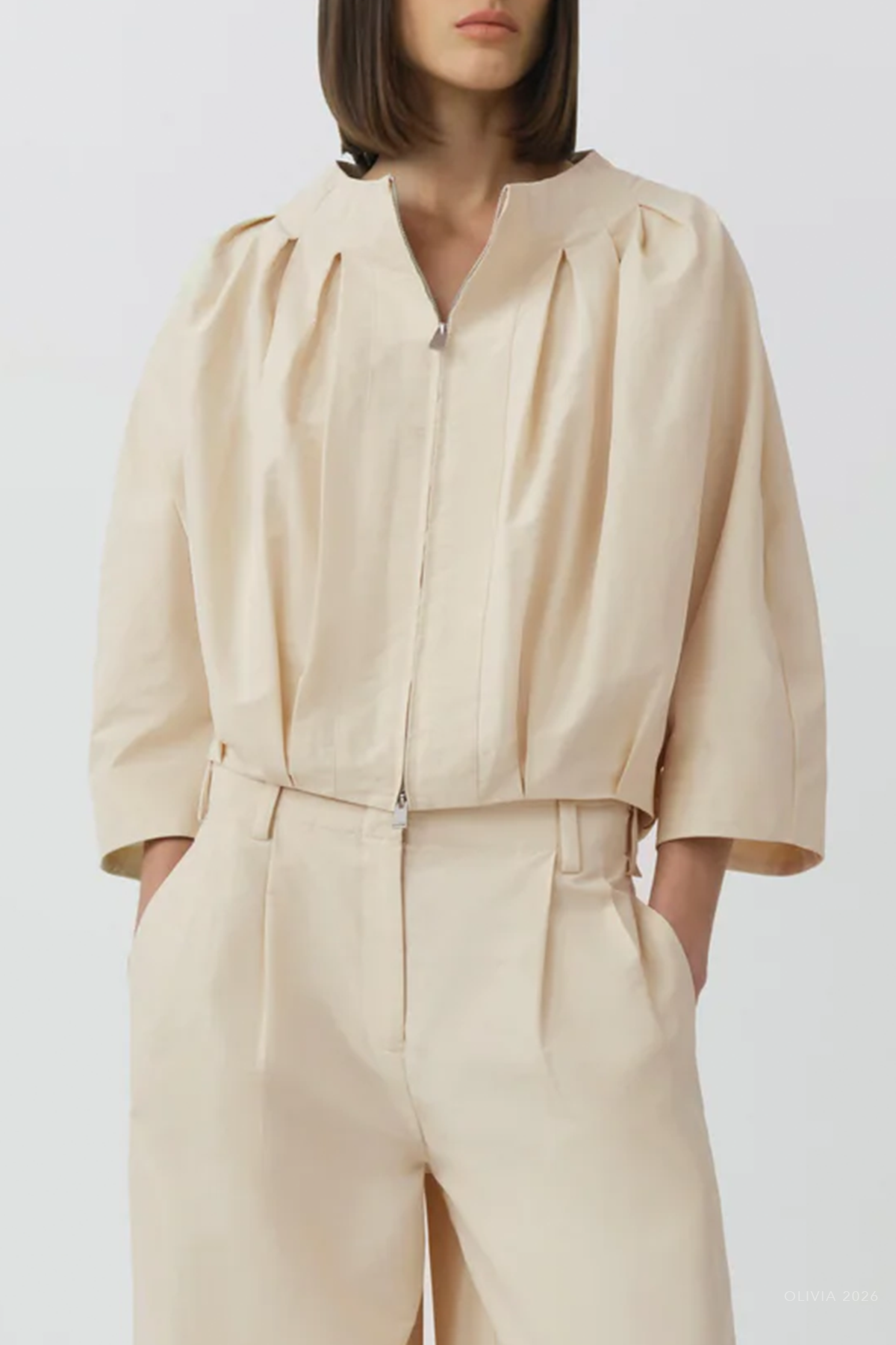 Jess Pleated Cotton Faille Jacket in Stone