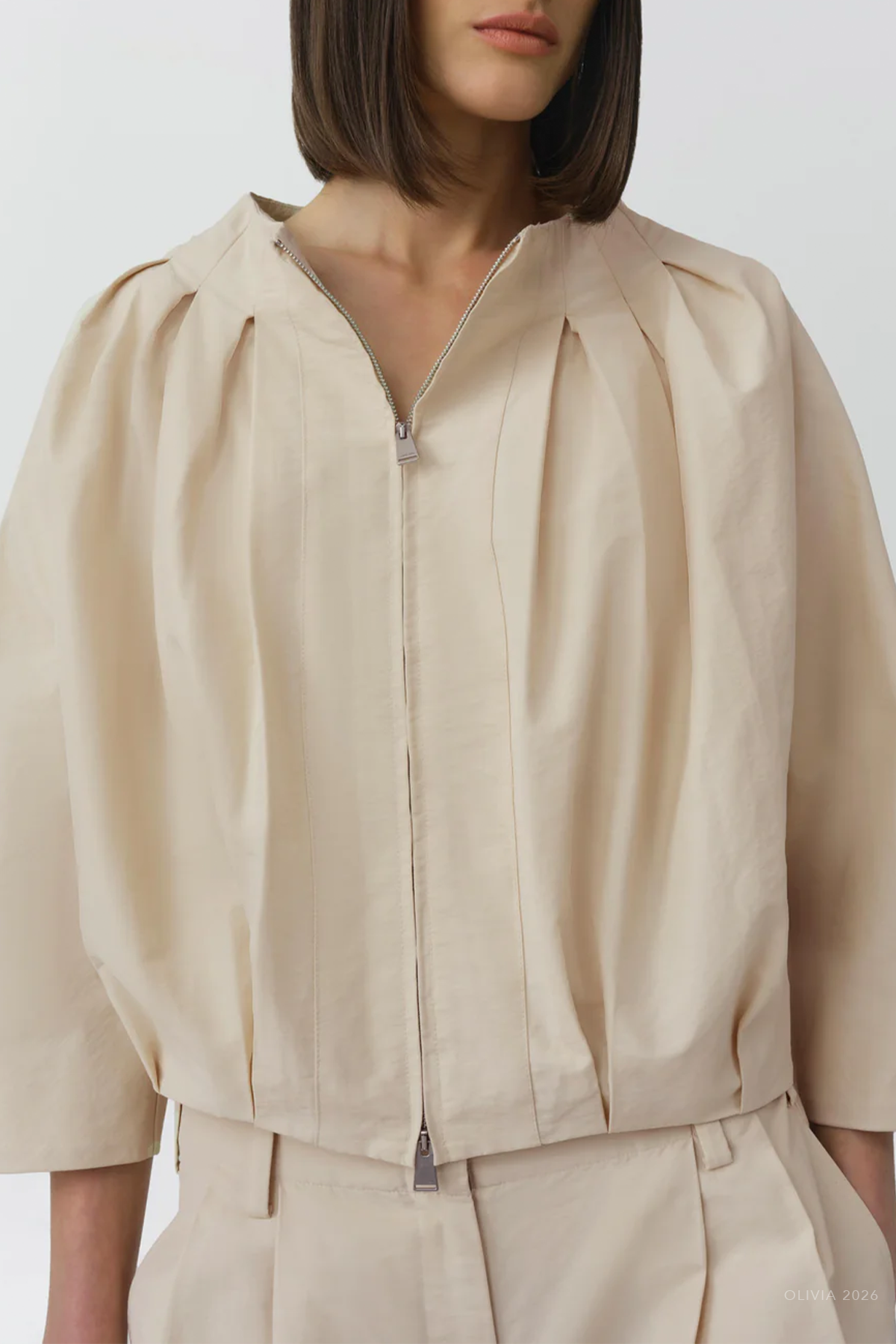 Jess Pleated Cotton Faille Jacket in Stone