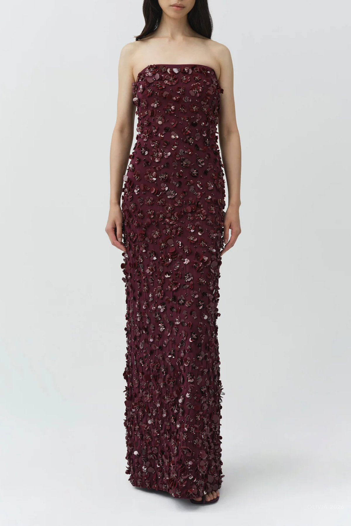 Serafina Strapless Embellished Gown in Fig
