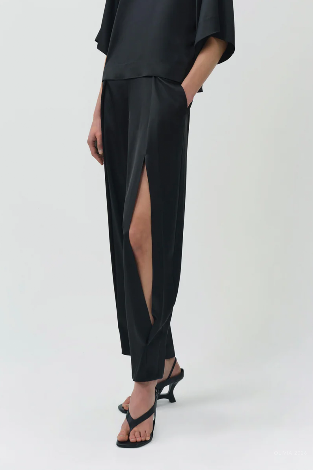 Faye Satin Side Slit Pant in Black