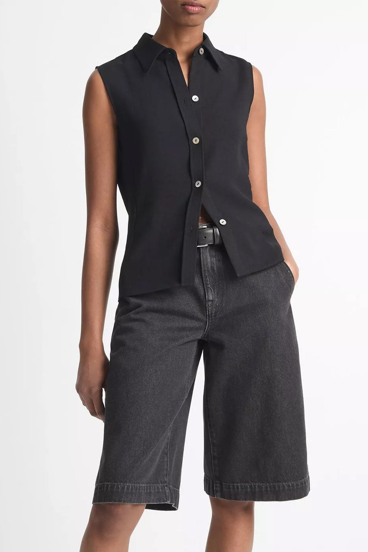 Sleeveless Button - Front Shirt in Black - shop - olivia.com