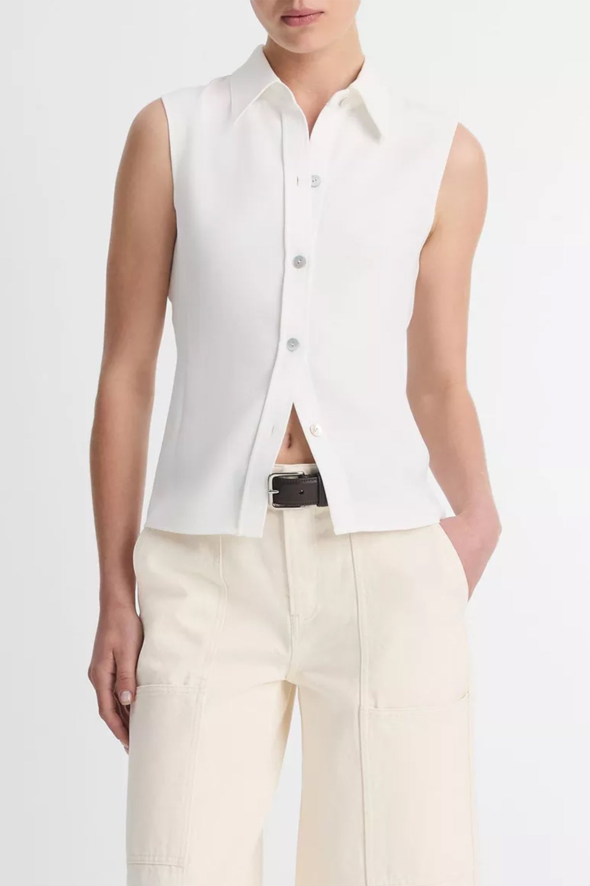 Sleeveless Button - Front Shirt in Off - White - shop - olivia.com