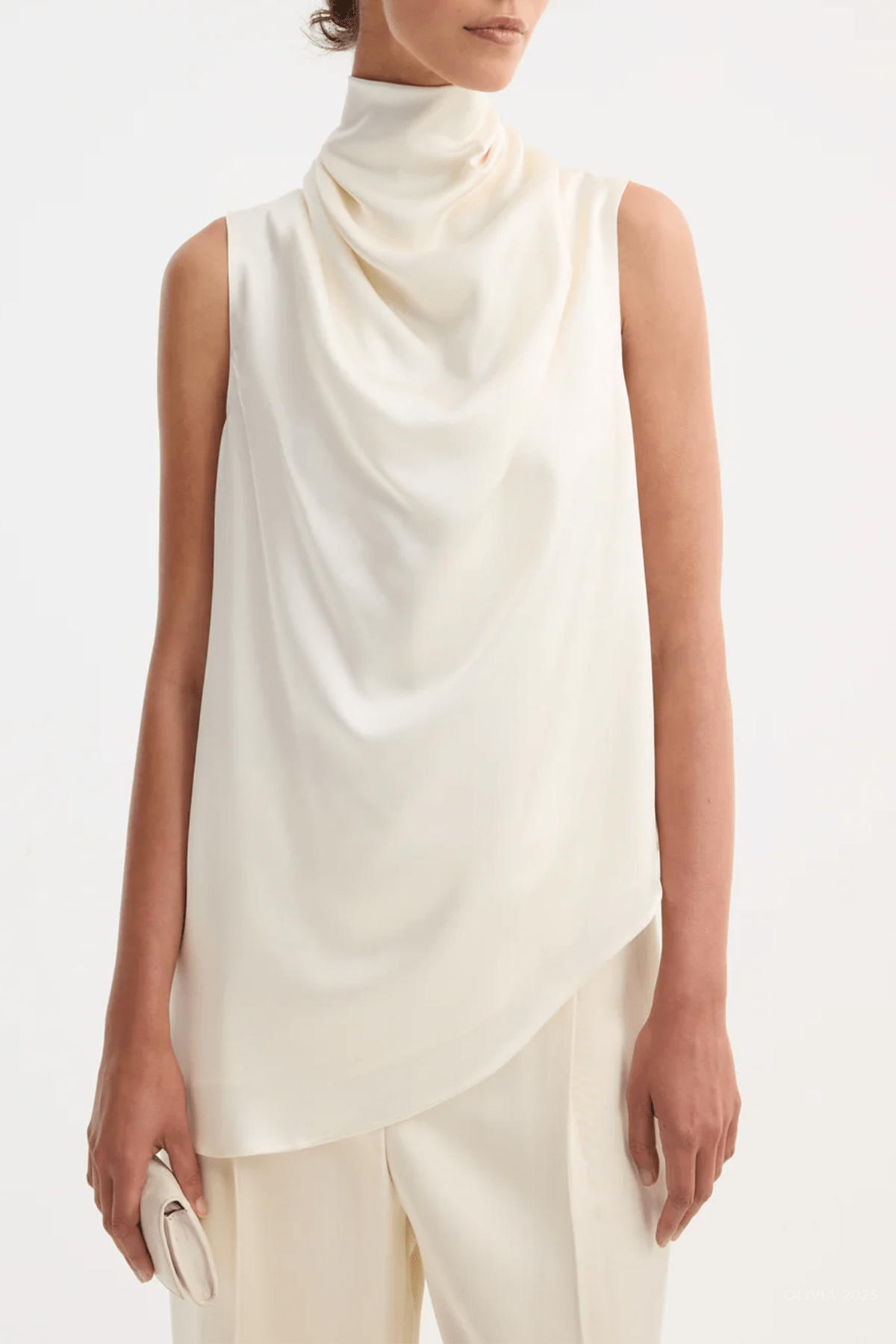 Sleeveless Draped Satin Top in Cream - shop - olivia.com