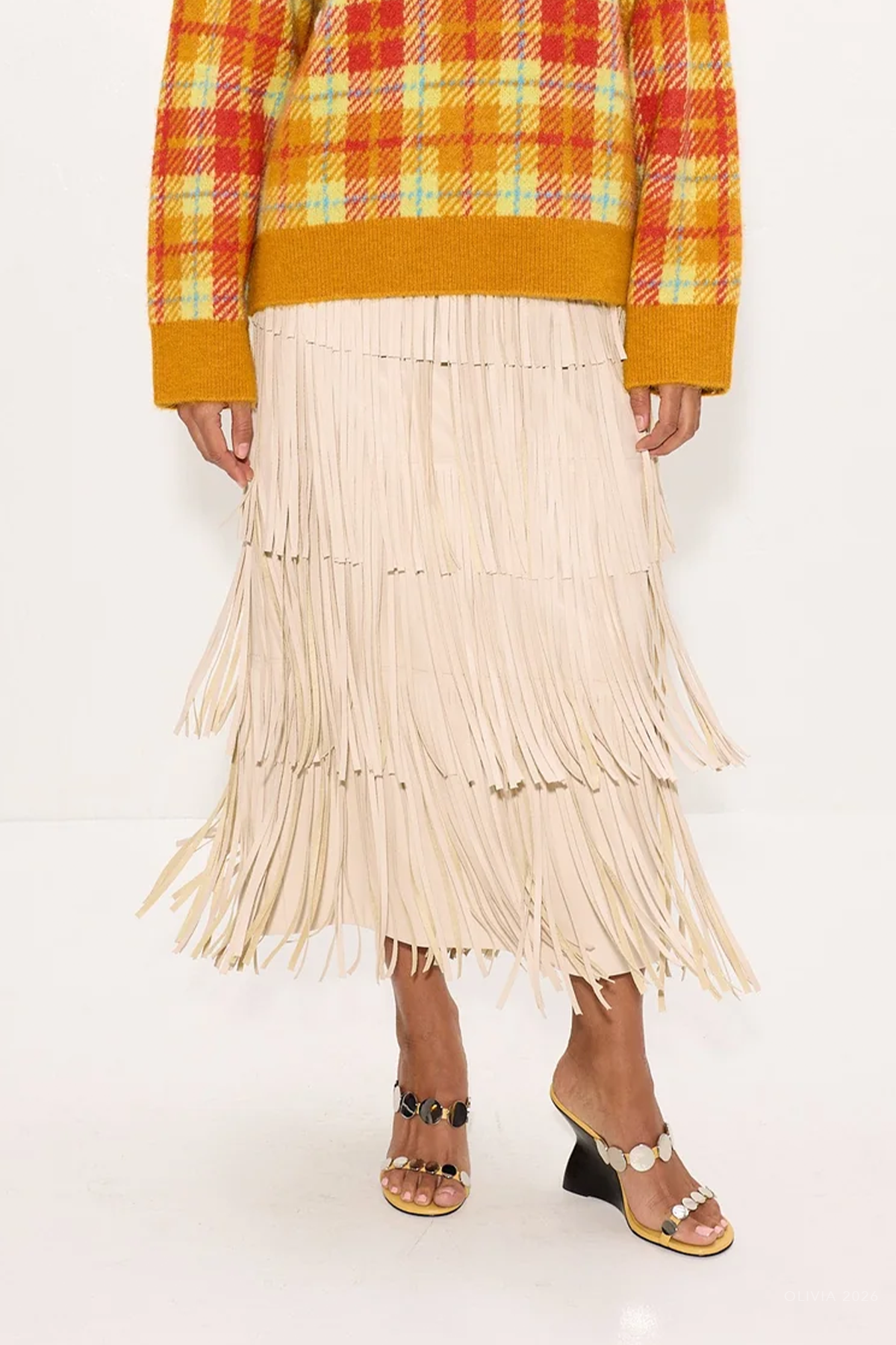Za Za Vegan Leather Fringe Skirt in Ecru
