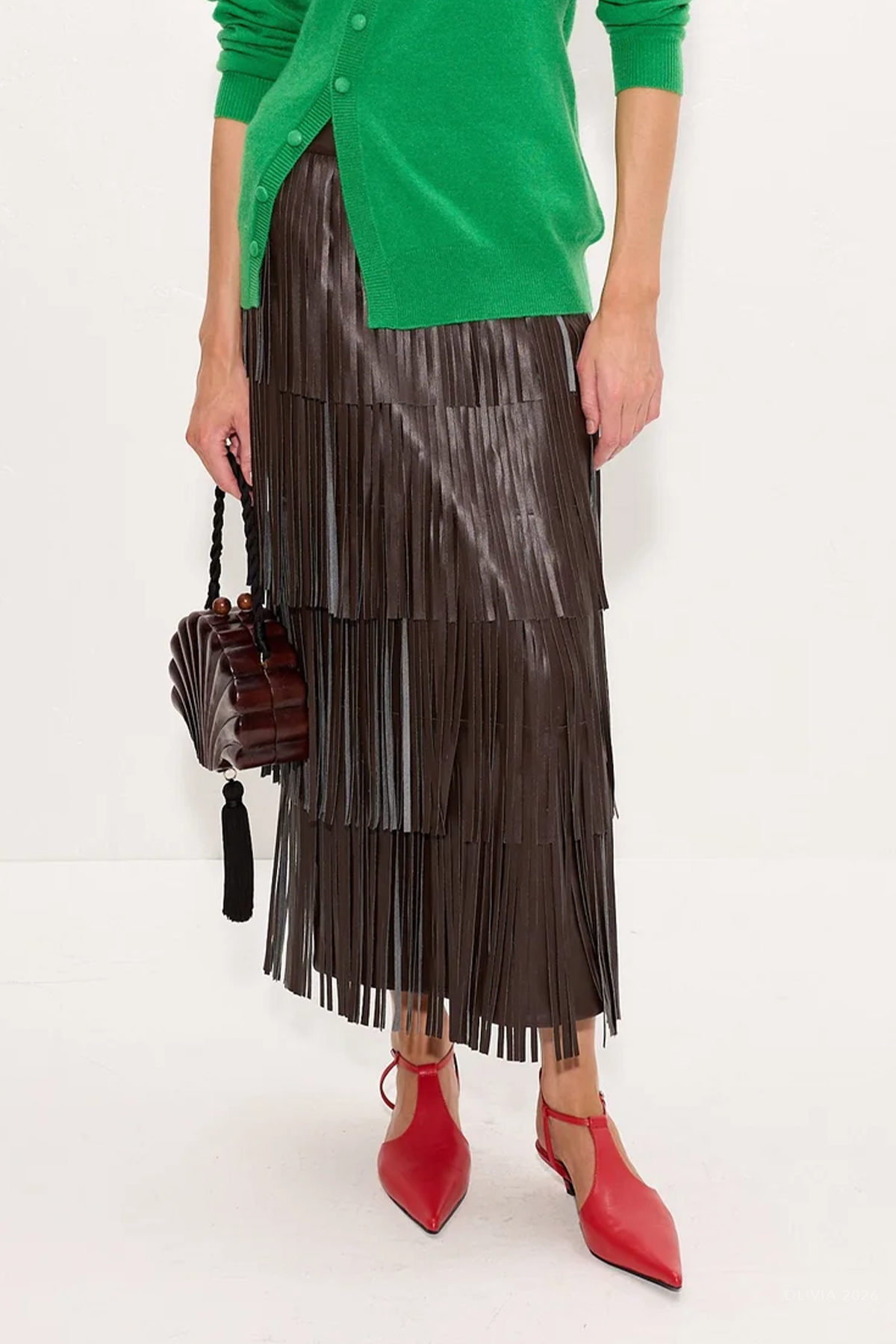 Za Za Vegan Leather Fringe Skirt in Dark Choco Brown