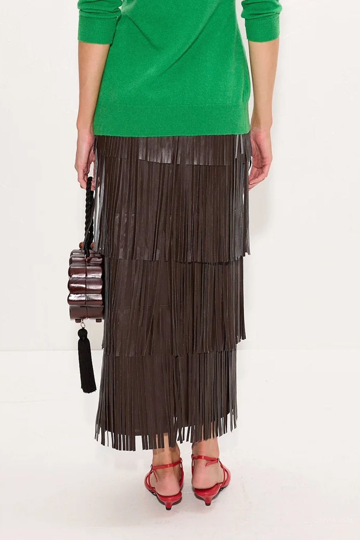 Za Za Vegan Leather Fringe Skirt in Dark Choco Brown