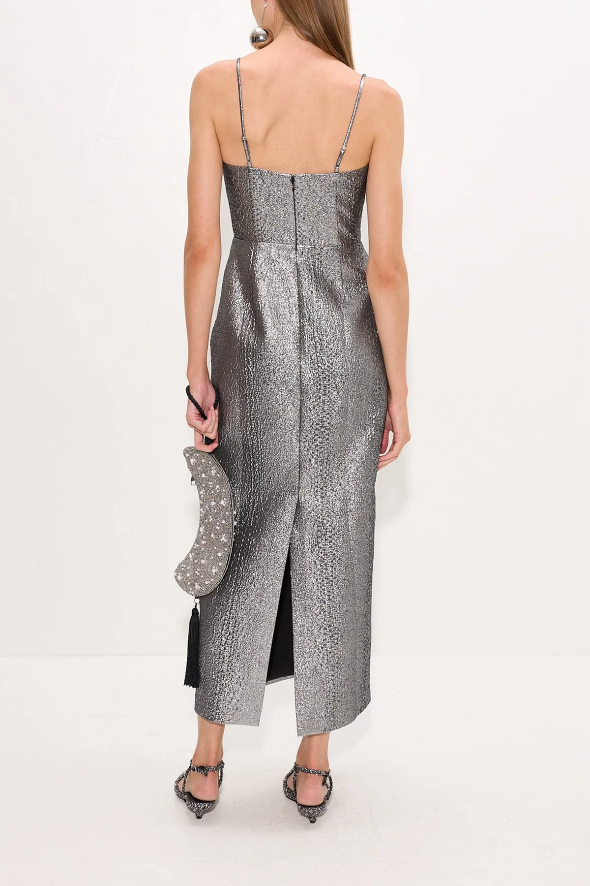 Verdelle Metallic Midi Dress in Pewter