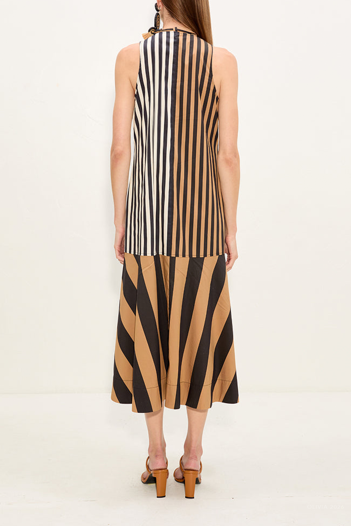 Celeste Poplin Dress in Black Tan Stripe Combo