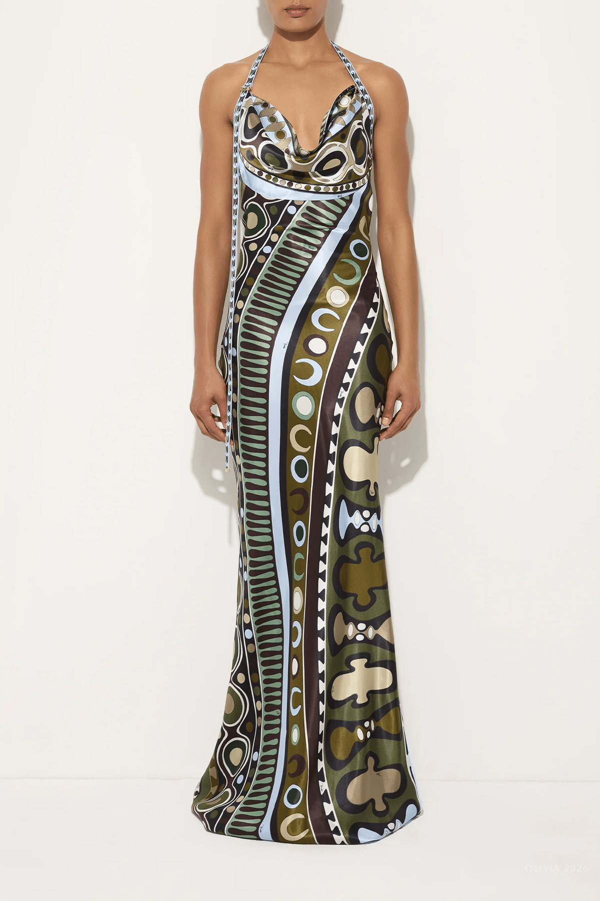 Soleil-Print Satin Dress in Khaki Blue Soleil-Print Satin Dress in Khaki Blue