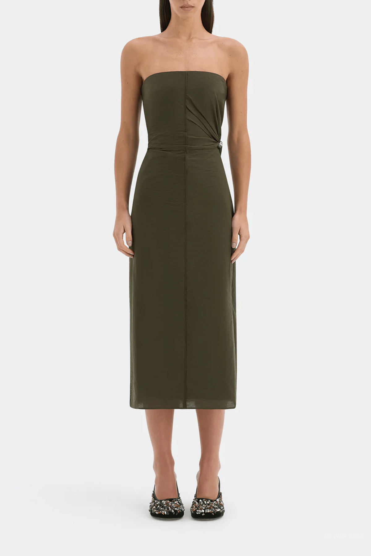 Sorel Strapless Midi Dress in Dark Olive - shop - olivia.com