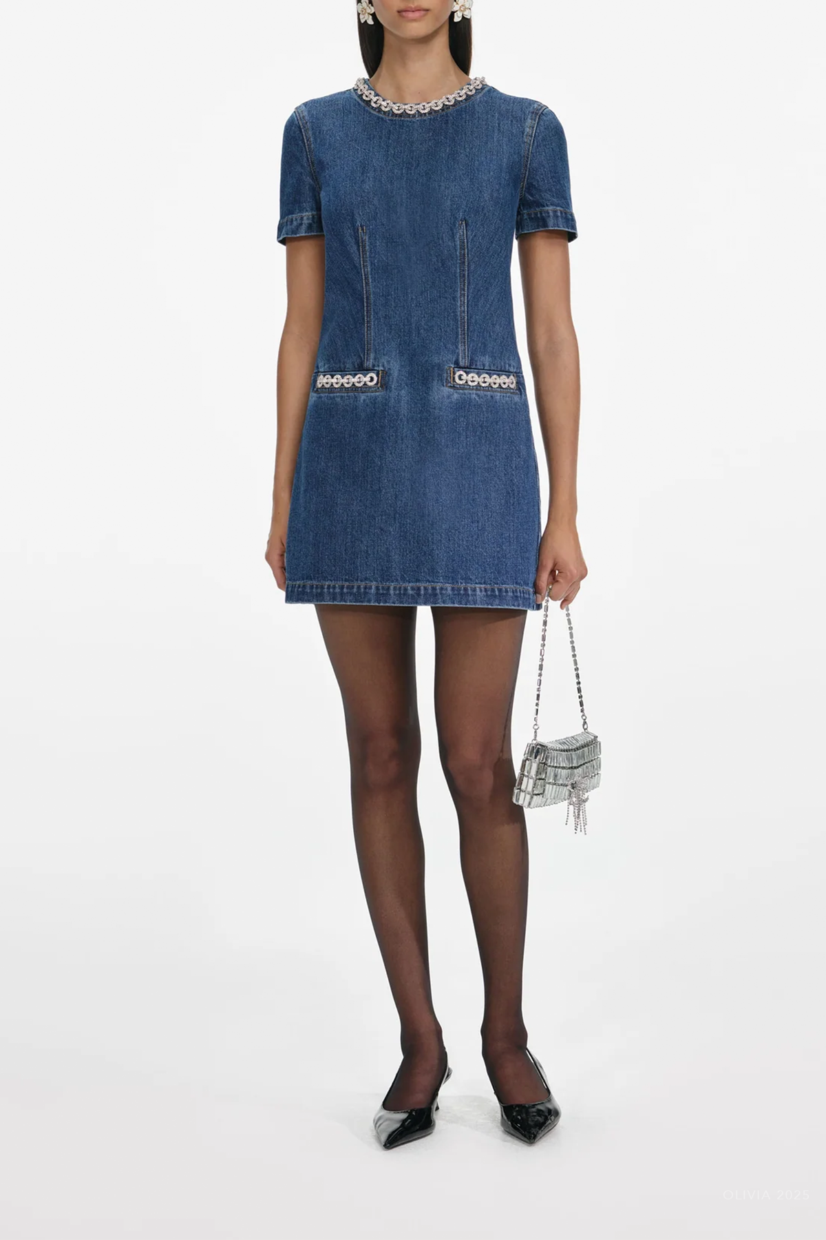 Denim Crystal Trim Mini Dress