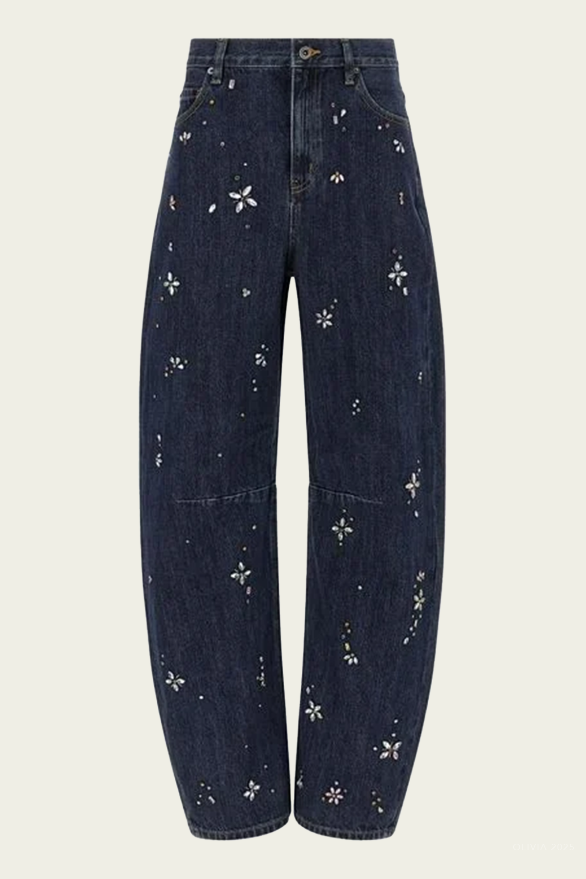 Blue Embellished Barrel Leg Jeans