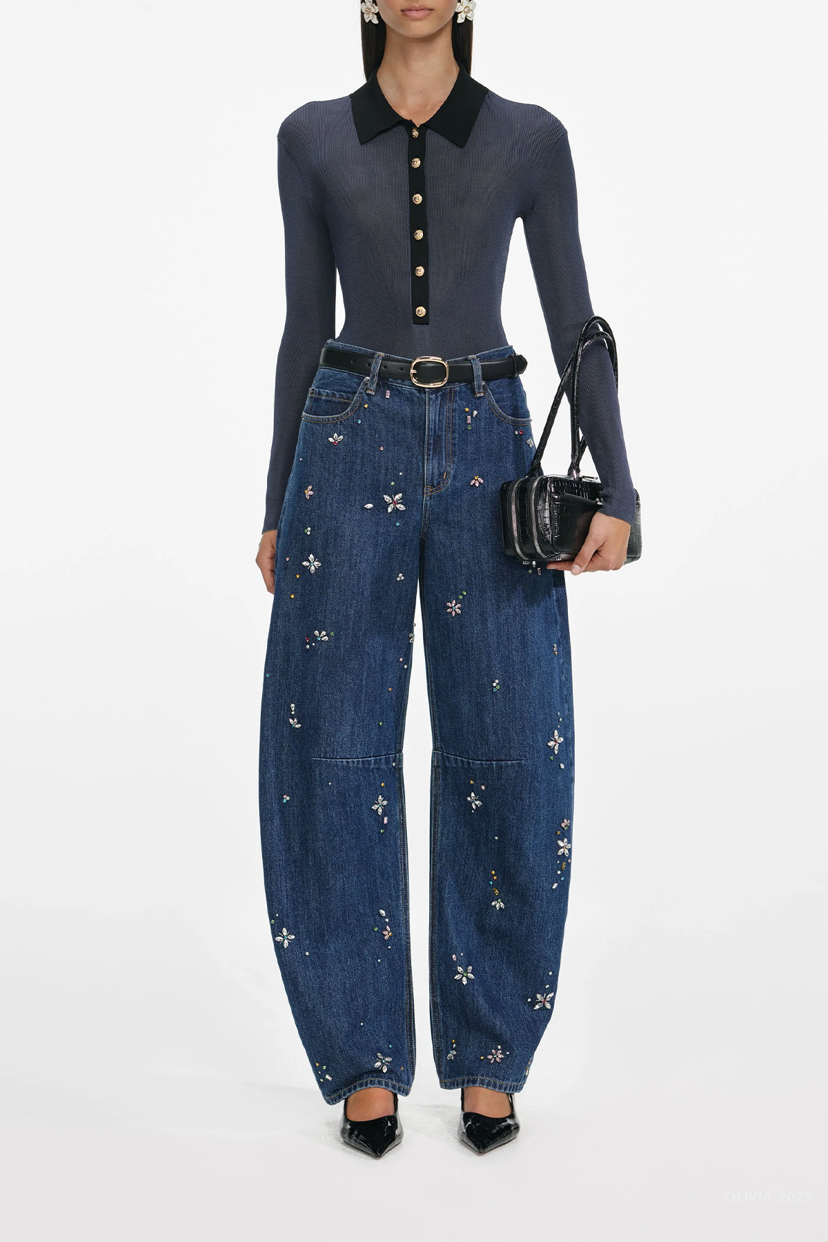 Blue Embellished Barrel Leg Jeans