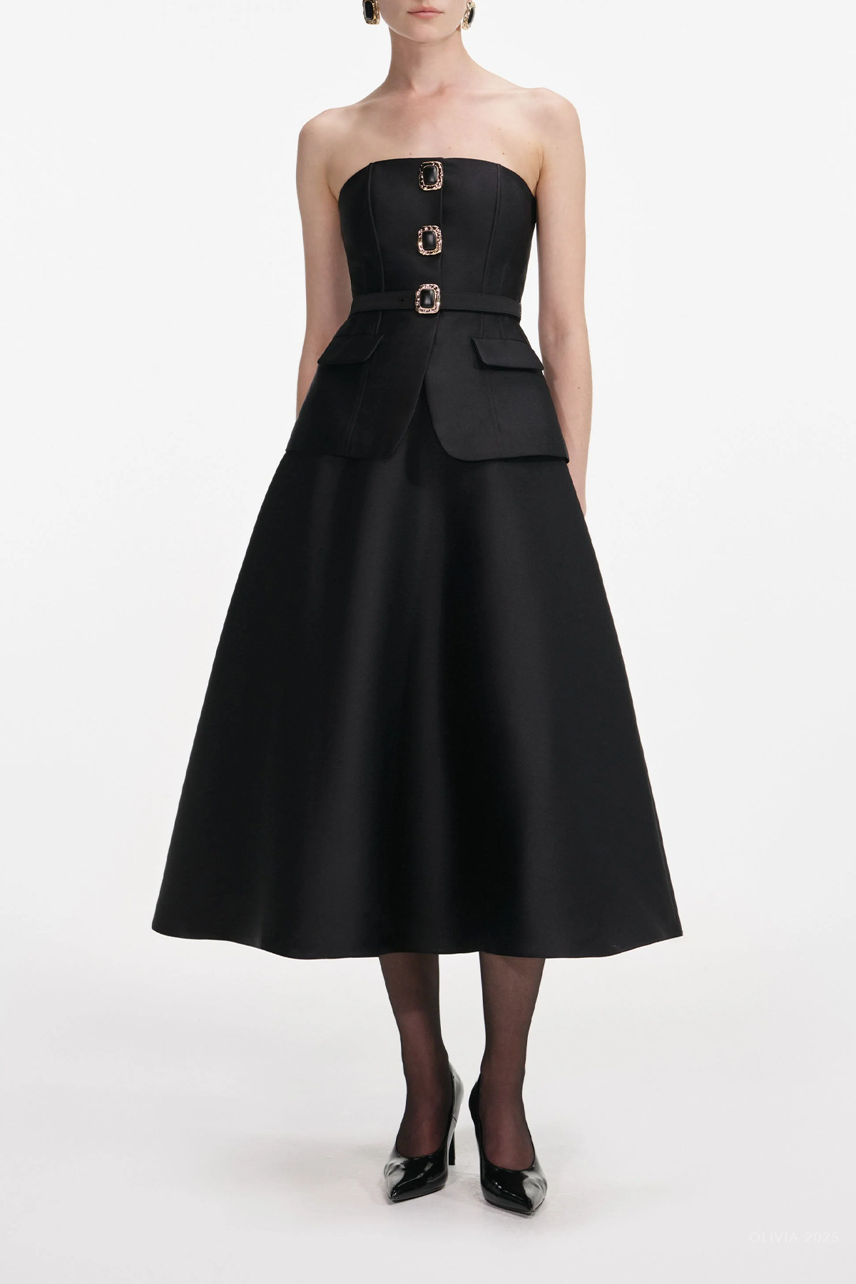 Black Taffeta Bandeau Midi Dress