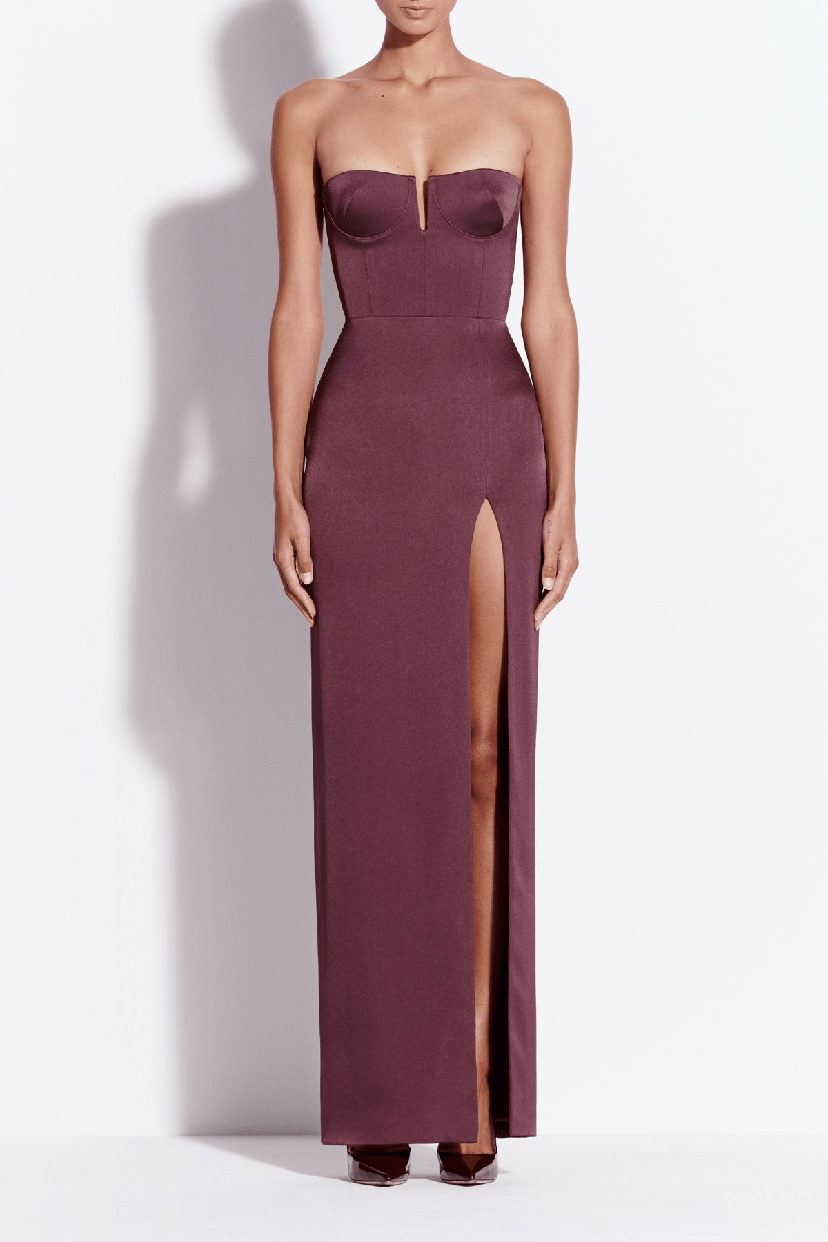 Strapless Cup Column Satin Crepe in Plum - shop - olivia.com